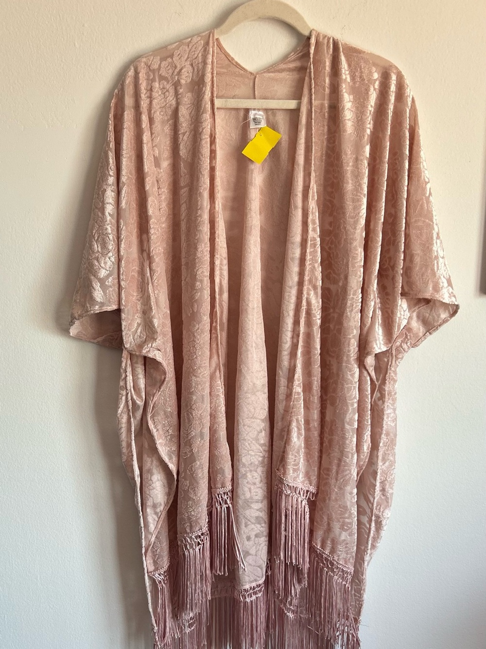 Blush Pink burnt out  Velvet floral Fringe Kimono Shawl .Boho hippie vibe.